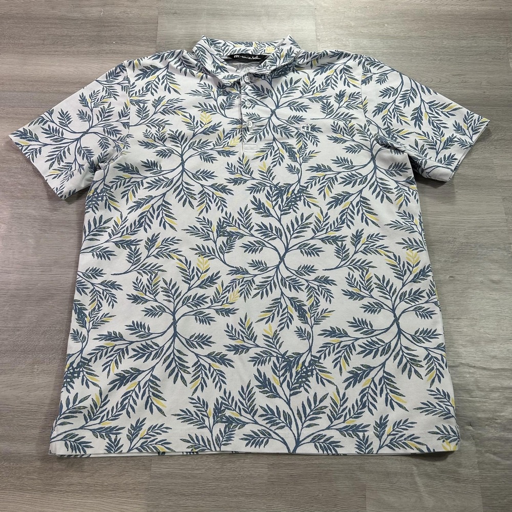 Travis Mathew Polo Shirt Mens Large Blue Leaf Print Golf Pima Cotton Stretch